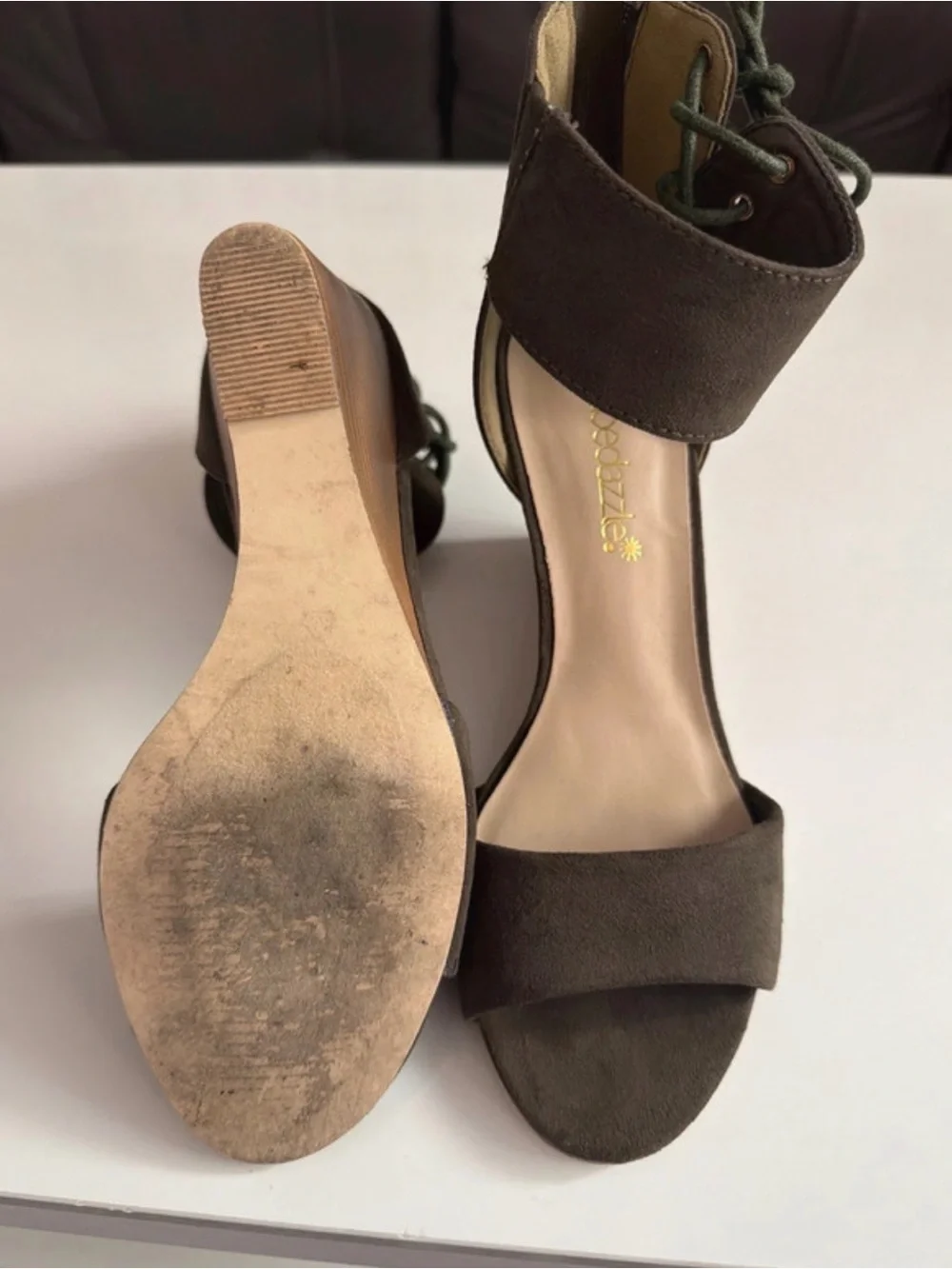 Shoe Dazzle Olive Green Suede Lace-Up Wedge Sandals